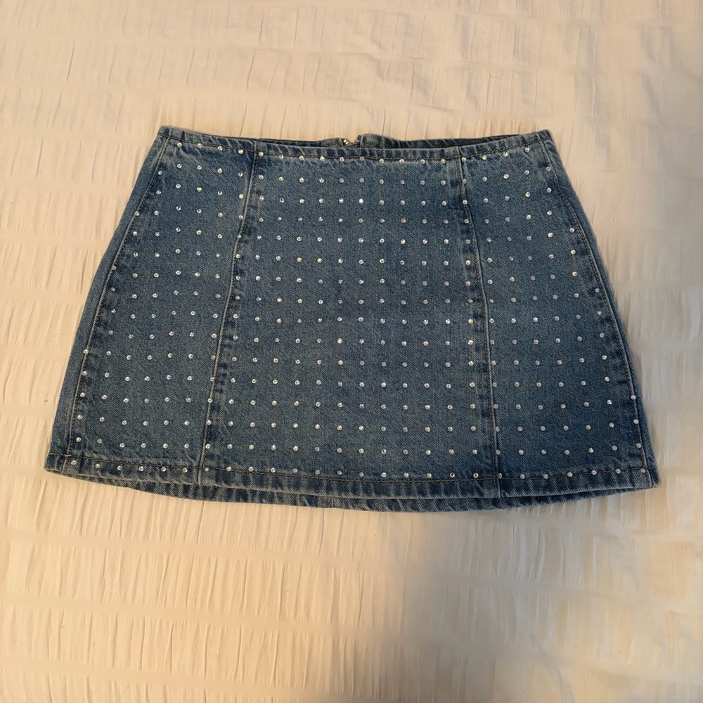 Denim Silver Rhinestone Mini Skirt
